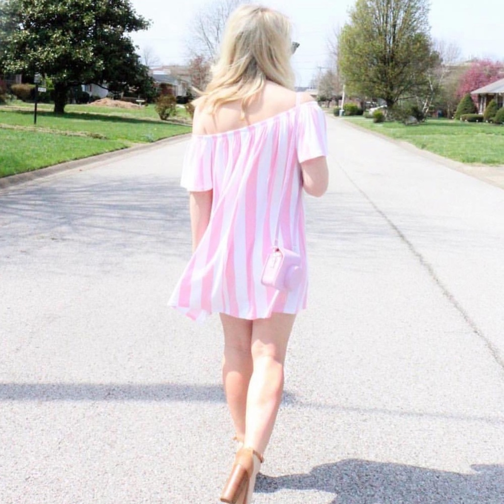 Asos pink and white stripe off the shoulder dress